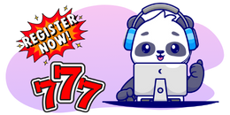 Cartoon panda DJ with Register Now! text and triple seven slot icons.