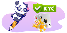 Cartoon panda on a pencil next to a shield with a checkmark, KYC text, and playing cards.