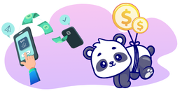 Cartoon panda lifted by dollar sign coins as a hand interacts with a mobile payment app.
