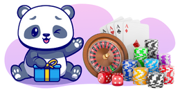 Winking panda with a gift box next to casino items like a roulette wheel and poker chips.