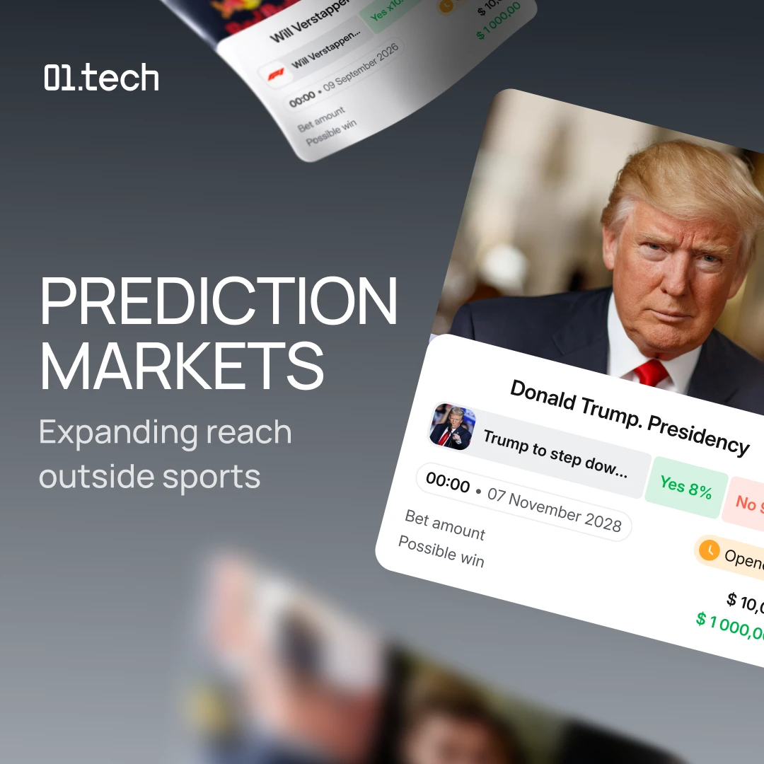 01.tech prediction markets banner with political market cards.